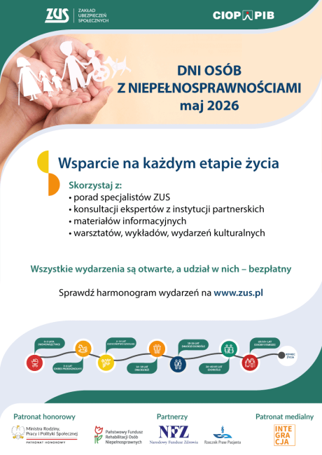 Plakat informujący o Dniach osób Niepełnosprawnych dłoń z wycinanką postaci