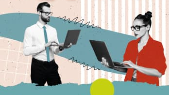 Grafika przedstawia kobietę i mężczyznę z laptopami