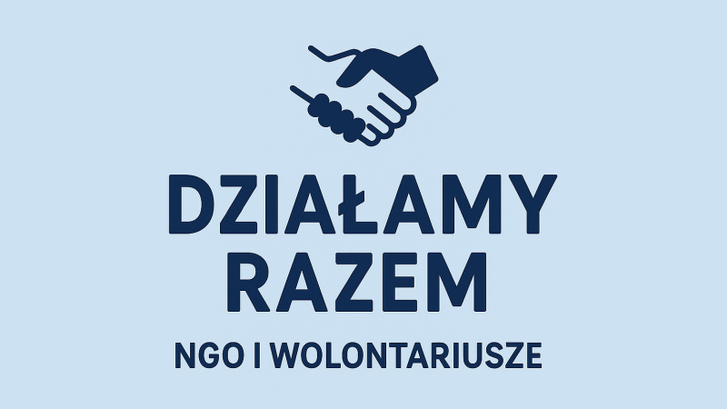 Dwie dłonie w uścisku i napis: "DZIAŁAMY RAZEM"