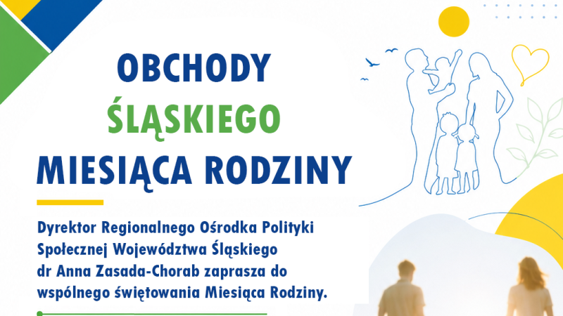Plakat zapraszający na obchody Ślaśkiego Miesiąca Rodziny. Grafika z rodziną: mężczyzna, dwoje dzieci i kobieta. Kod QR do zeskanowania