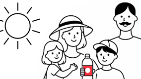 grafika rodziny: kobieta, mężczyzna i dwoje dzieci oraz symbol słońca jako upały