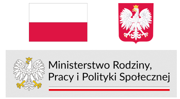 biało-czerwona flaga Polski oraz godło Polski czyli biały orzeł z koroną zwrócony w prawo na czerwonym polu tarczy oraz biało-czarny orzeł z koroną oraz napis Ministerstwo Rodziny Pracy i Polityki Społecznej