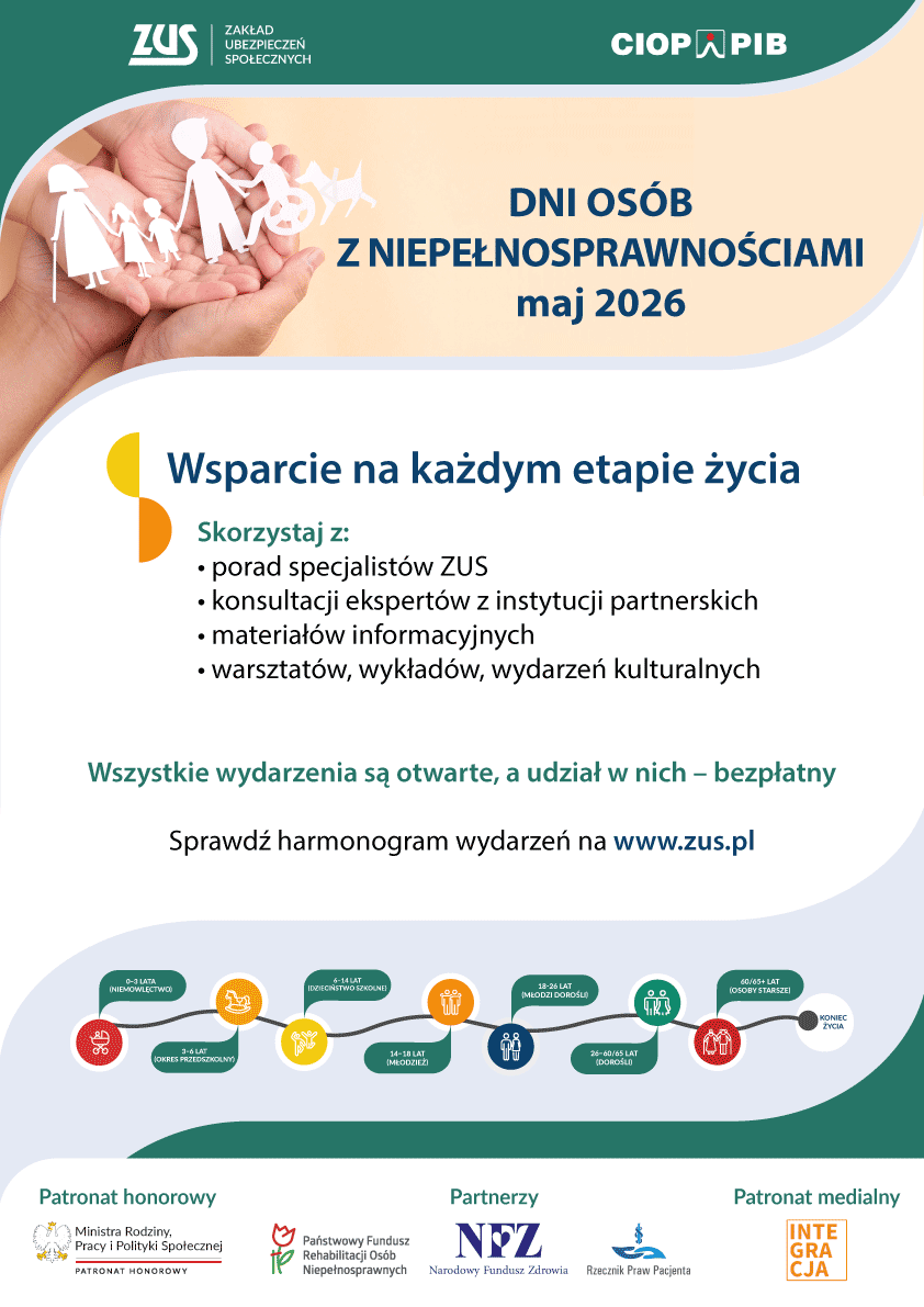 Plakat informujący o Dniach osób Niepełnosprawnych dłoń z wycinanką postaci