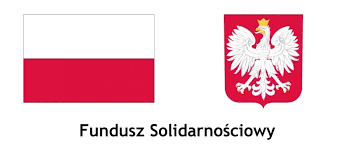 napis: Fundusz Solidarnościowy oraz logo:biało-czerwona flaga Polski  oraz godło Polski: biały orzeł w koronie na czerwonym tle