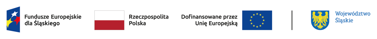 Logo Funduszy Europejskich dla Śląskiego trzy gwiazdy (biała, żółta i czerwona) na niebieskim tle oraz biało-czerwona flaga Polski oraz flaga Unii Europejskiej  dwanaście żłotych gwiaz na planie okręgu na niebieskim tle oraz herb Województwa Śląskiego żółty orzeł na błękitnym tle