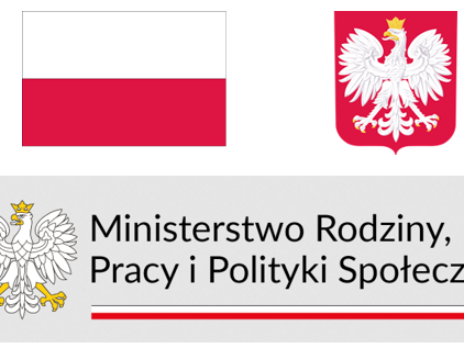 biało-czerwona flaga Polski oraz godło Polski czyli biały orzeł z koroną zwrócony w prawo na czerwonym polu tarczy oraz biało-czarny orzeł z koroną oraz napis Ministerstwo Rodziny Pracy i Polityki Społecznej